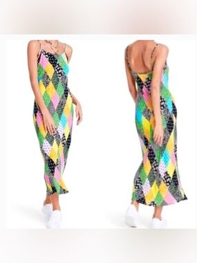 RIXO Floral Patchwork Slip Dress - Black, Yellow, Orange, Green,  Size Large